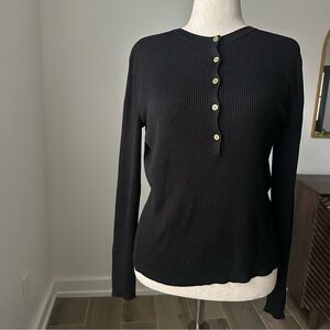 Lauren Ralph Lauren Black Ribbed Quarter Button-Down Silk Top
